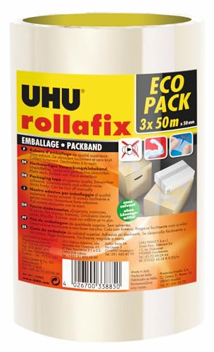 UHU Nastro adesivo da imballaggio di alta qualità Rollafix Classic trasparente, 3 x 50 m