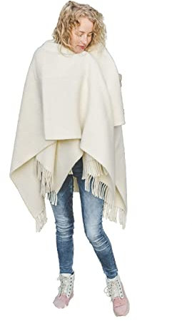 Ger3as Damen Schal Schultertuch aus 100% Wolle aus Neuseeland - Poncho Stola Tuch & Umschlagtuch - für Frauen - 130 x 170 cm plus Fransen (Ecru/Elfenbein)