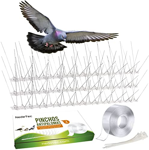 NedeTec Pack 3 Metros de Pinchos Antipalomas de Acero Inoxidable, con Cinta Adhesiva de Doble Cara, Ahuyentador de Pájaros Eficaz, 12 Tiras Espanta Palomas de 25cm para Balcón, Terraza, Ventanas...