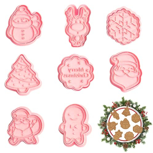 SPEACOUR 8 PCS Moule à Biscuits de Noël 3D Emporte Pièces Noël Réutilisable Moule Biscuit Plastique Qualité Alimentaire Moule Cookie 3D 8 Motifs pour Noël, Patisserie, Biscuits, Pain, Argile(Rose)