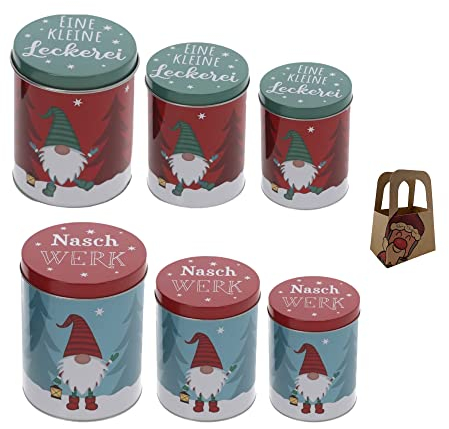Geschenkset Keksdose Plätzchendose Metalldose 6er Set Wichtel Weihnachten mit süßer Rentier Mini-Geschenktasche