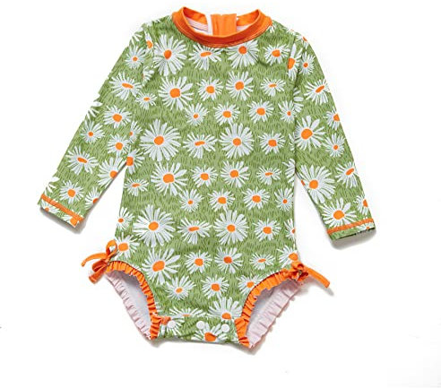 ADAVERANO Traje de baño de una pieza para bebé y niña, protección solar UV 50+, manga larga, cremalleras con sombrero para el sol., El crisantemo, 92 cm-98 cm