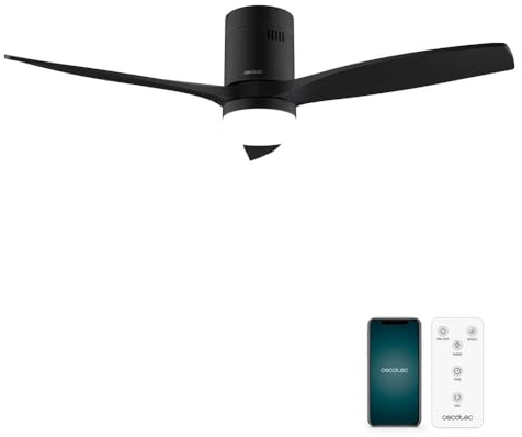 Cecotec Ventilador de Techo EnergySilence Aero 5600 Aqua Black&Black Connected de 40 W y 52”, Wifi, Mando, protección IP44, luz, 6 velocidades, 3 aspas, modo winter-summer y temporizador 8h