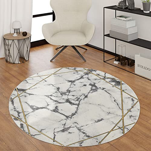 TT Home Wohnzimmer Teppich Kurzflor Wohnzimmerteppich 3D Optik Modern Marmor Design, Farbe:Gold 3, Größe:200 cm Rund