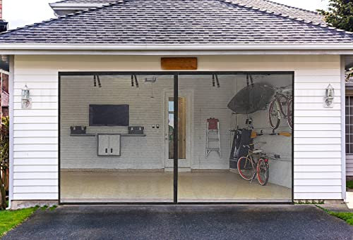 Garage Screen Doors for 1 car garage-8x7FT Fiberglass 1400g/3.1lb Durable Heavy Duty Magnetic Garage Door Screen Retractable Hands Free with 4 Roll Up Starps for Patio Workshop Home Gym Sun Room