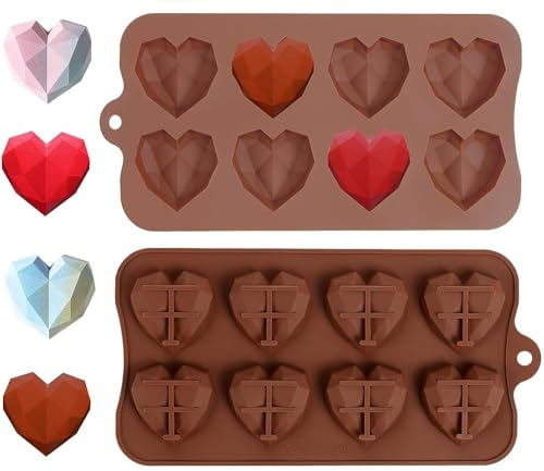 2St Herzform Backform, 3D Diamant Herz Silikonform 8-Kavität Silikon Herzform Schokoladenformen, Herzform Kuchenform Zum Backen Käsekuchen,Mousse,Schokolade,Eiswürfe(Brown)