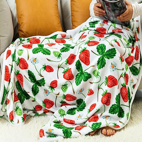 Famitile Erdbeerdecke, niedlich, weich, leicht, Erdbeer-Flanell, Überwurfdecke für Bett, Couch, Sofa, süße Obst, flauschige Decke, Geschenke für Mädchen und Frauen (Erdbeere, 127x152.4 cm)