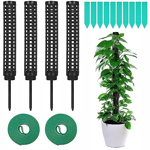 LSRVNM 4 Stück Monstera Rankhilfe, Moss Pole Plastik, Pflanzstab Monstera, Moosstab für Monstera mit Pflanzenetiketten und Drehbändern, Rankhilfe Zimmerpflanzen Kokos für Kletterpflanzen (Schwarz)