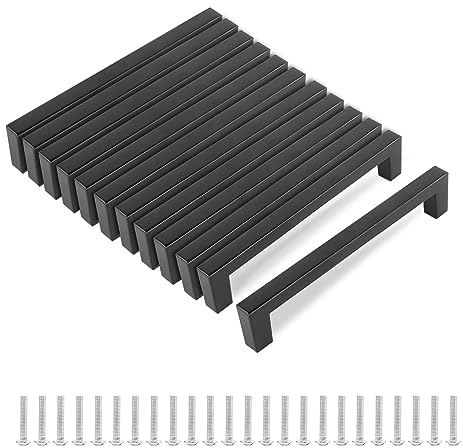 MIYUANGKJ Tiradores para muebles de color negro de 128 mm, 12 unidades de tiradores negros para muebles de cocina, pomos para puertas negras con 24 tornillos de 25 mm para muebles de cocina, armarios