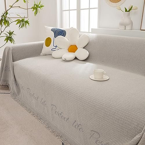 Sofa Überzug 180x260cm, Einfarbig mit Quasten Couchbezug 2 Sitzer Sofahusse Kratzfest Grau Couchbezug für Wohnlandschaft
