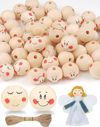 WINKIO 60 Stück Holzperlen mit Gesicht, 20mm Holzkugeln mit Gesicht, Natur Smiley Holzperlen mit Loch für diy Sorgenwurm, Glückswürmchen, Bastelarbeiten Dekorationen
