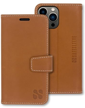 SafeSleeve Schutzhülle für iPhone 15 Plus, EMF-Blocker, für Handy, mit 3 Kartenfächern und verstellbarem Ständer, Magnetverschluss, magnetischer Folio-Schutz für den täglichen Gebrauch (Leder)