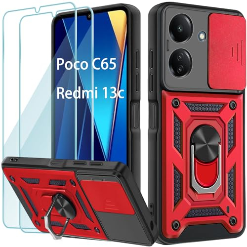 Yohii Funda para Xiaomi Redmi 13C/13 C/Funda Poco c65, con 2 Piezas Vidrio Templado, Armor Carcasa Cubierta De Cámara Deslizante, 360 Anillo Soporte PC y Silicona TPU Bumper Antigolpes Case, Rojo