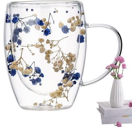 Dried Flowers Double Walled Glass Coffee Mug,Insulated Glass Coffee Cups with Handle,Flower Glass Tea Cup,Heat Resistant Cappuccino Latte Macchiato Glasses for Mum Wife Her Friend,350ml