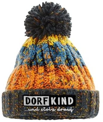 tshirtladen Dorfkind Kindermütze mit Bommel in Retro Blues - Beanie Mütze für Kinder mit Dorfkind Spruch, extra warm, gefüttert mit Shearlingband, perfekte Wintermütze für draußen