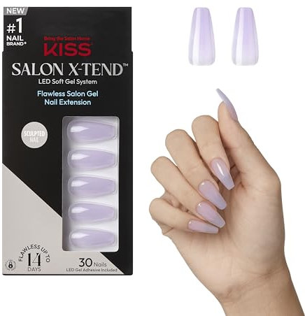 KISS Salon X-tend Glue On Color Nails, Gimme, Light Purple, Long Coffin Shape, 34 Ct.