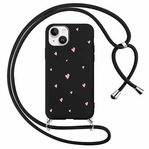 Foonary Funda con Cuerda para Apple iPhone 15 6,1, Carcasa Ultrafina Silicona Aesthetic Dibujos Case con Ajustable Collar Correa de Cuello Cordón Antigolpes Cover para iPhone 15, Rosa Corazon