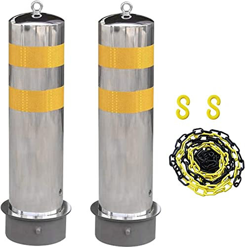 Sicherheitspfosten für Einfahrten, reflektierendes Klebeband, 5 m Absperrkette und 2 Parkpfosten aus Edelstahl mit Aufhängering und beweglicher Basis (Silber 600 mm x 159 mm)