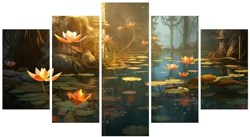 5 Stück Diamant Painting Bilder 300x180cm Groß 5D Lotus Teich Diamond Painting Set Mosaik Kinder DIY Voll Diamant Crystal Art Malen Nach Zahlen Erwachsene Basteln für Room Decor Wohnwand E-5208