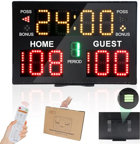 Ousmile Tableau d'affichage de basket-ball avec horloge, tableau d'affichage numérique avec télécommande, tableau d'affichage électronique portable alimenté par piles pour les jeux de base-ball tennis