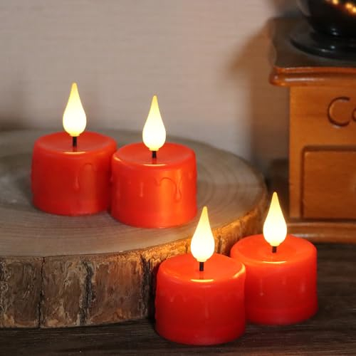 yunsheng 12 Stück Rot Wiederaufladbare Teelichter mit Fernbedienung und 4/6H Timer, Aufladbar Flammenlose Flackernde LED Kerzen mit 2 Stück USB-Kabel, 3D-Silikon Docht, Warmweißes Licht für Hause Deko