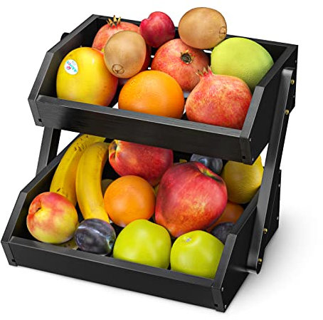 CALM COZY Obstkorb Bambus 2 Etagen, Gemüsekorb Obst Etagere, Aufbewahrung Halter für Obst, Kuchen, Süßigkeiten, Schwarz