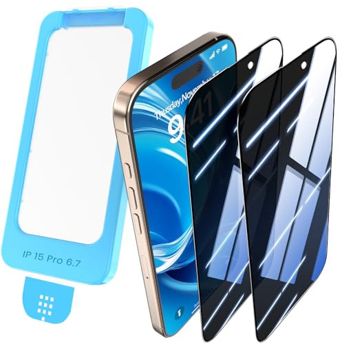Orealgut für iPhone 15 Pro Max für Panzerglas Sichtschutz, 9H+ Schutzglas Bruchsicher, Premium 26°Blickschutzfolie, [Auto-Installation] 100% Staubfrei, Full Screen Privacy Schutzfolie, 2 Stück