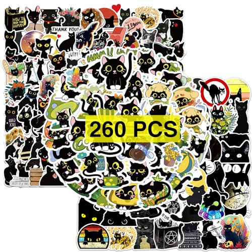 GTOTd Black Cat Sticker Katze Aufkleber (260 Stück) Cute Animal Geschenke Merch für Laptop Wasserflasche Telefon Zubehör Auto Stoßstange Fenster Helm Dekor Teens