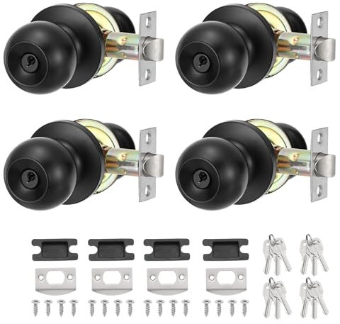 PATIKIL Round Key Entry Door Knobs Interior, 4 Pack Round Stainless Steel Bedroom Bathroom Door Knob with Lock Entry Indoor Outdoor Door, Black