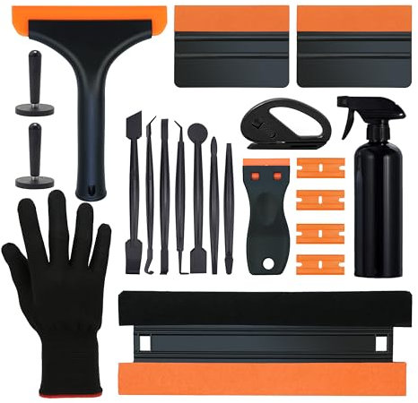 Vinyl Wrap Tool, Window Tint Kit, Wallpaper Scraper, Rubber Squeegee, Spray Bottle, Magnetic Holder, Auto Edge Trimmer Bulk, Car Solar Film Tool, Black Orange, 21 in 1
