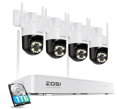 ZOSI Wireless CCTV Camera System, 8CH 4K NVR with 1TB HDD, 4Pcs 5MP Wi-Fi 6 Surveillance Cameras Outdoor, AI Person/Vehicle Detection, Pan/Tilt, Color Night Vision, Siren Alarm, Plug-in