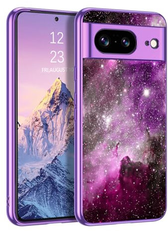 DUEDUE für Google Pixel 8 Hülle, Google 8 Pixel Handyhülle Silikon Slim Lila Sternenhimmel Design Hybrid Hard PC Soft TPU Glow in The Dark Handyhülle für Google Pixel 8 6.2 Lila