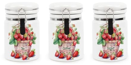 Purely Home Strawberry Tea Coffee & Sugar Ceramic Canister Set - Wicker Basket Fruit Harvest Gifts - Ceramic Kitchen Food Storage Containers with Clip Lid 400ml (13.5cm x 8.5cm) Set of 3