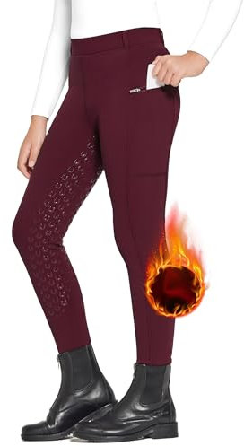 FitsT4 Sports WinterReithose Kinder Winter Reitleggings Mädchen Silikon Vollbesatz Thermo Reithose mit Handytasche und Taschen,Wein,M