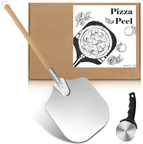 Pleafind pizza peel aluminio pizza peel, antiadherente pizza peel 12 pulgadas con mango de madera plegable para un fácil almacenamiento, pizza horno accesorio con acero inoxidable pizza rueda de corte