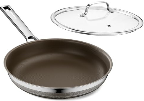 Innerwell Sartén Cerámica con Tapa 24 cm Marrón, sartén de Inducción con Cerámico de Titanio Antiadherente, Sartén de Acero Inoxidable con Triple Construcción de Acero, Sin PFAS y PFOA