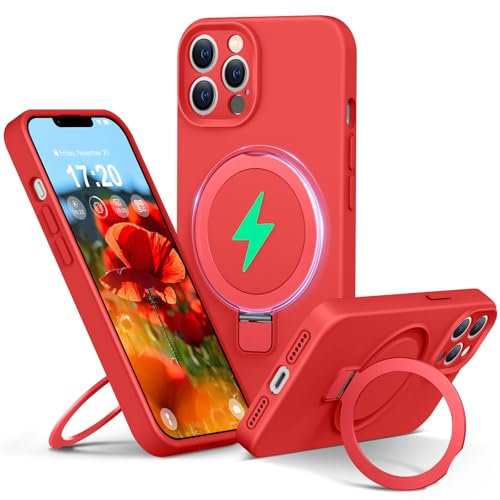 PuyaTeya Liquid Silicone Case for iPhone 13 pro max with Magnetic Ring Stand, Upgraded camera lens protection, Mil-Grade Drop Shockproof, Anti-Scratch Microfiber Lining Silicone Case(Red)