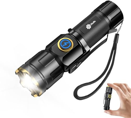 Skylla Taschenlampe klein aufladbar extrem hell torch Mini LED USB Wasserdichte IPX6 1200 Lumen 5 Licht Modi Variable Zoom HandfackelnTasche Blitz Für Camping, Gassigehen, Notfälle