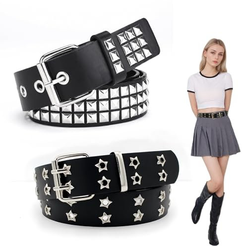Punk Rivet Studded Belt, 2 PCS Punk Belt with Bright Pyramid Square Beads Pyramid with Star Rivets for Women Men