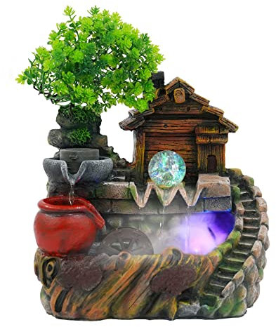 Zimmerbrunnen mit LED Beleuchtung, Tischbrunnen mit Rollender Kugel, GartenAquariumHarz mit Nebel, Luftbefeuchter Dekoration 38x30x20cm für Zuhause und Büro