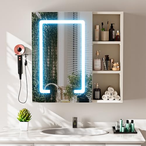 Saitedudu Bathroom Mirror Cabinets with LED Lights 600x600mm,Wall Mounted Bathroom Cabinets with Anti Fog Touch Sensor 3 Color Dimmable,Concealed Storage