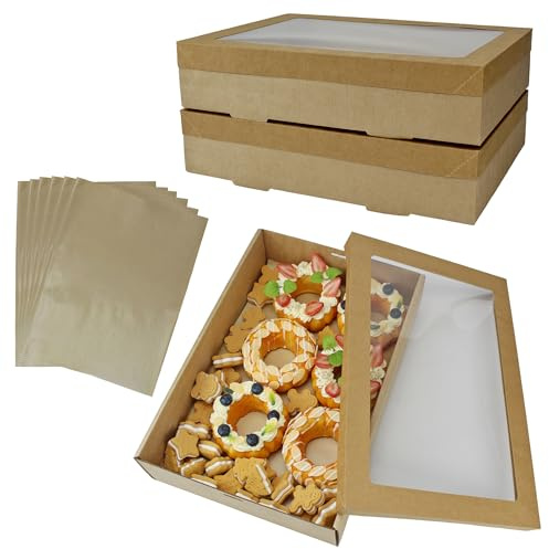 YankMooM 6 Pack Brown Cake Boxes with Window,36 x 25 x 8cm Large Cardboard Gift Warpping Box Kraft Bakery Boxes for Packing