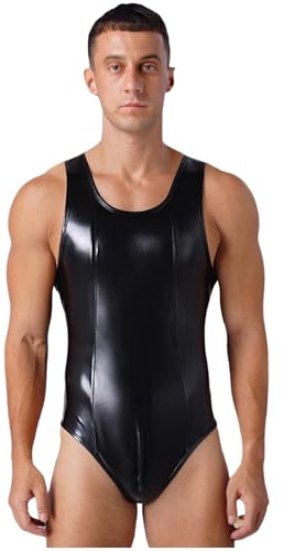 Freebily Herren Wetlook Body Ouvert Lack Leder Catsuit Mit Bulge Pouch Metallic Bodysuit Nachtclub Yoga Rave
