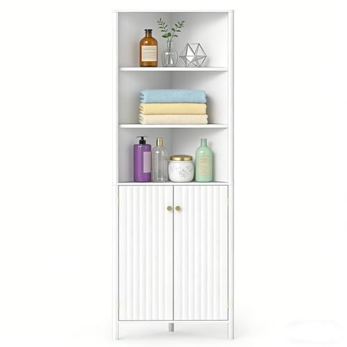 LIFEZEAL Mobile Bagno Angolare Salvaspazio, Armadio Bagno ad Angolo, 58x32x172,5 cm, Credenza Cucina, Dispensa, con Ripiani Regolabili, 5 Scomparti, 2 Ante, Moderno, in Legno, Portaoggetti (bianco)