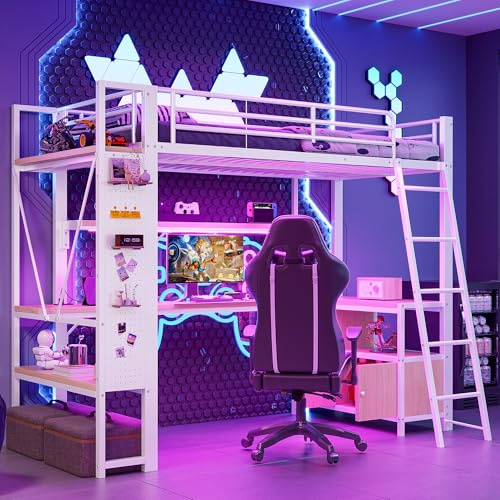 Merax Hochbett 90x200 cm, Multifunktionales Metallbett mit L-förmigem Schreibtisch, LED und USB-Anschluss, Jugendbett mit Stauraum, Mehreren Regalen und Lochwand, Bettgestell (ohne Matratze), Weiß