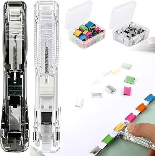 2026 Neue 2 Stück Reusable Creative Stapler,Klammerloses Heftgerät,mit 100 Stück Wiederverwendbare Heftklammern,Hefter,Push Clamp Stapler Holder,Reusable Creative Mini Push Hefter Set (B)