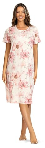 Ascafa Damen Nachthemd Kurzarm Rose Blumen 100% Baumwolle Wadenlang Jersey Rundhalsausschnitt