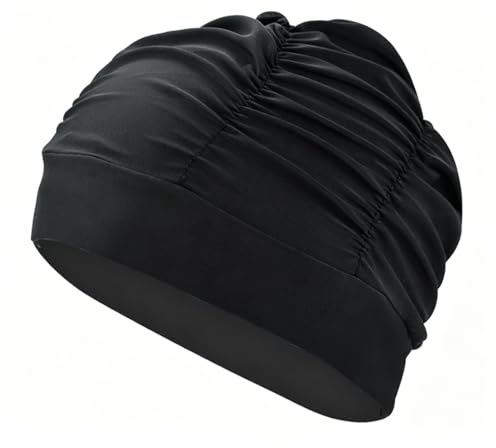 QEQSHQO Cuffia Piscina Donna 1 Pezzo Nera, Pieghettata e Morbida, Non Comprime la Testa, Ideale per Capelli Lunghi, Comfort Ottimale per Nuoto, Aqua Gym e Terapia in Acqua