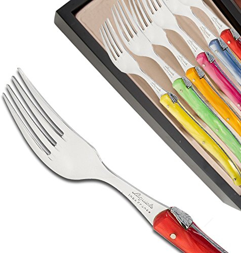 Coffret de 6 fourchettes Laguiole manche en plexiglas de couleurs nacrées assorties