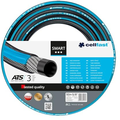 Cellfast Gartenschlauch SMART 3-lagiger mit dauerhafter Verstärkung aus Garn höchster Qualität, Doppelgeflecht mit Kreuz- und Trikotgewebe ATSV, druck- und UV-beständig 20 bar Berstdruck, 50m, 5/8 zol